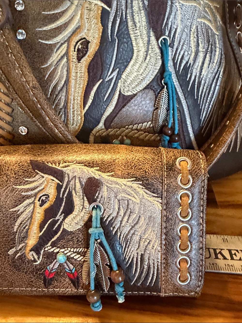 Brown Embroidered Horse Shoulder Bag with Wristlet - Picture 8 of 10